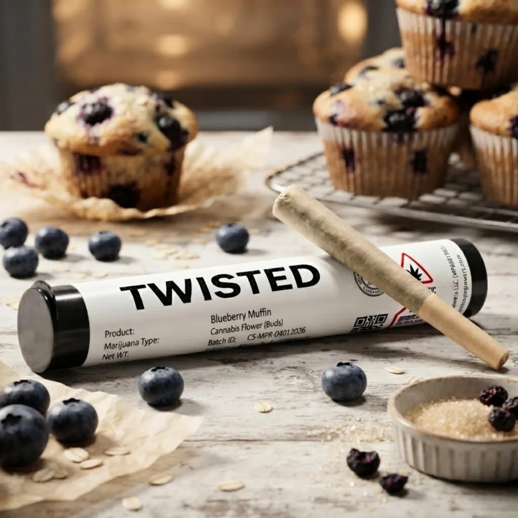 Black and white Twisted tube labeled Blueberry Muffin beside a pre-roll, with blueberry muffins and berries around it.