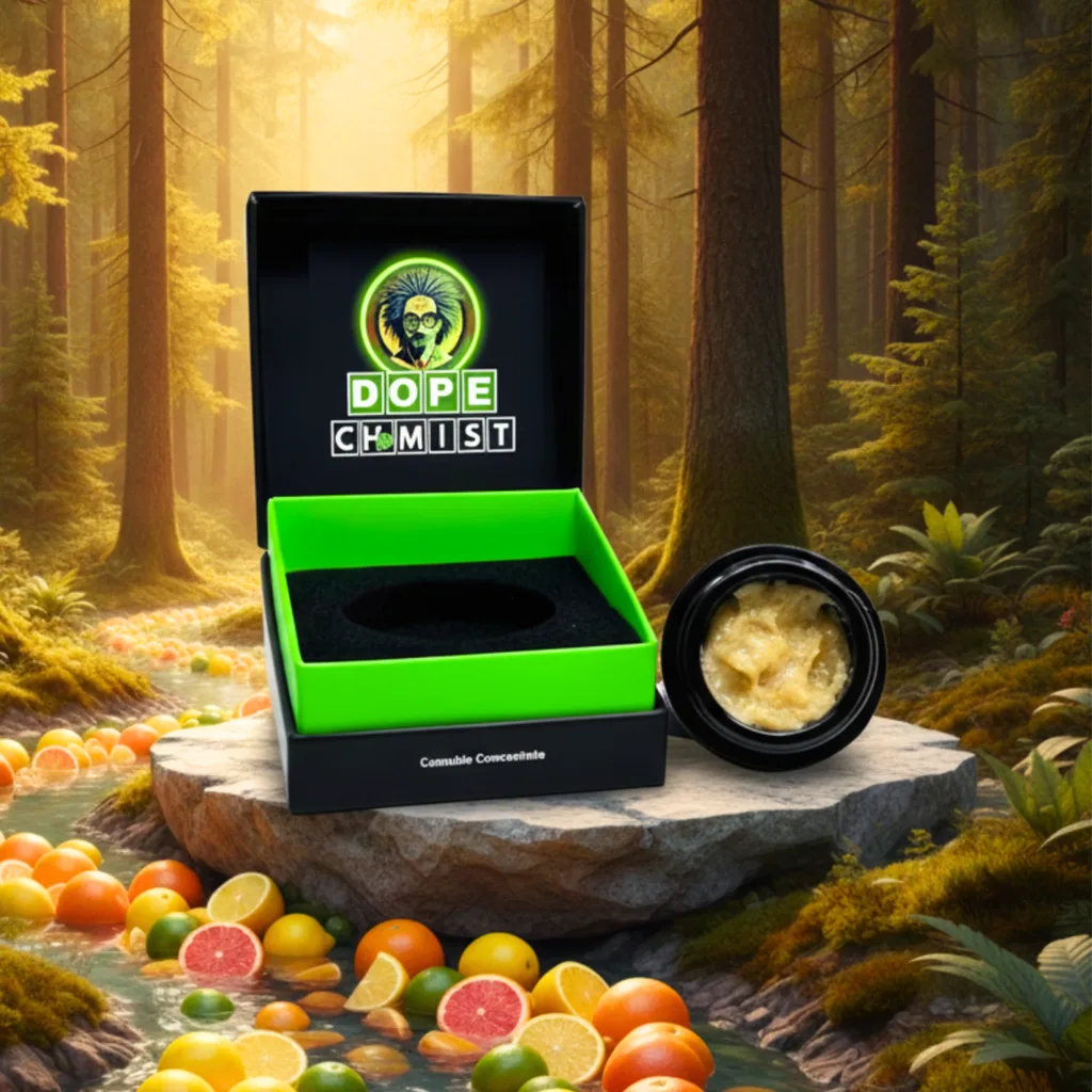 Black and green Dope Chemist box and an open jar of cream-colored live rosin, set against an illustrated forest with citrus fruit.