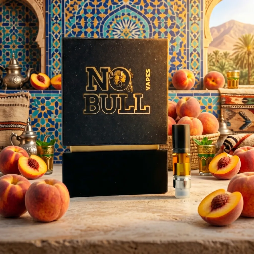 Black No Bull Vapes box and a 510 cartridge on a stone ledge, surrounded by peaches and Moroccan tilework.