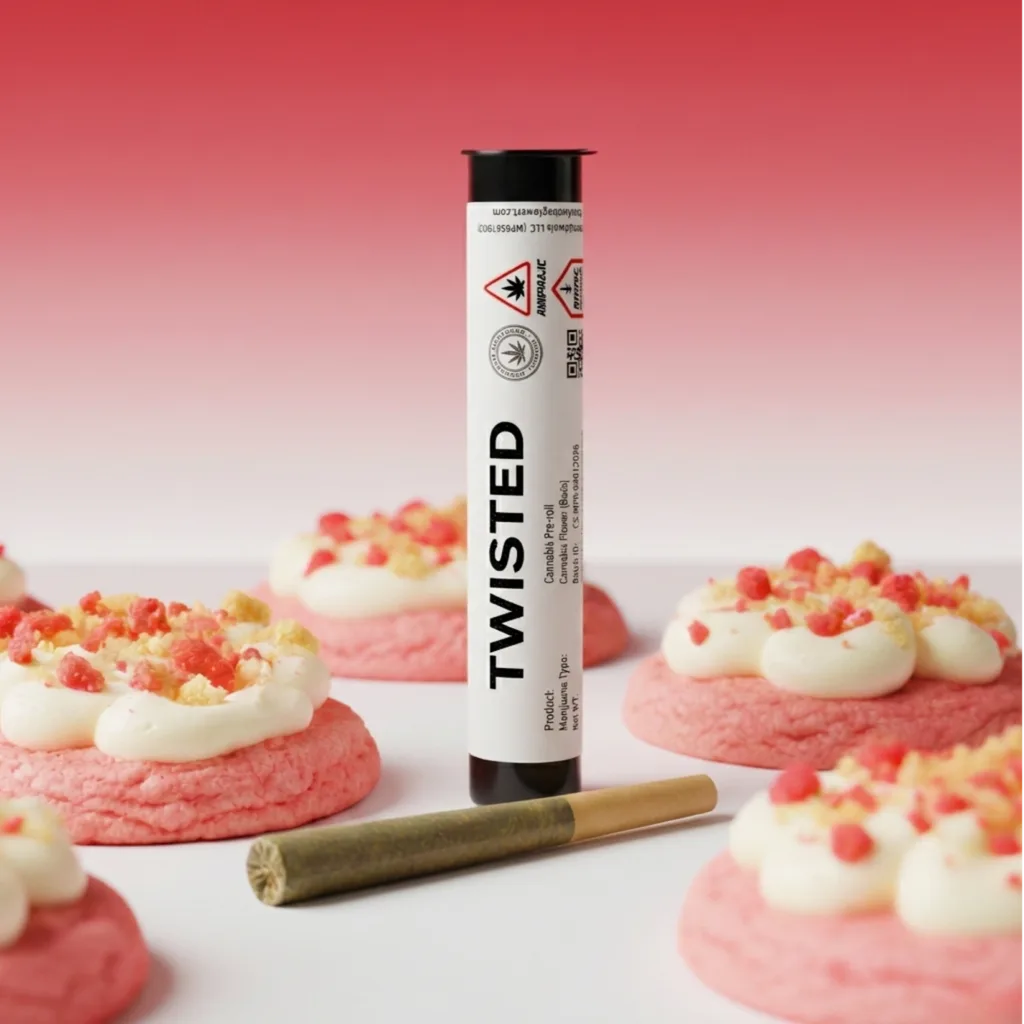 Black and white Twisted pre-roll tube and a single joint in front of pink frosted cookies.