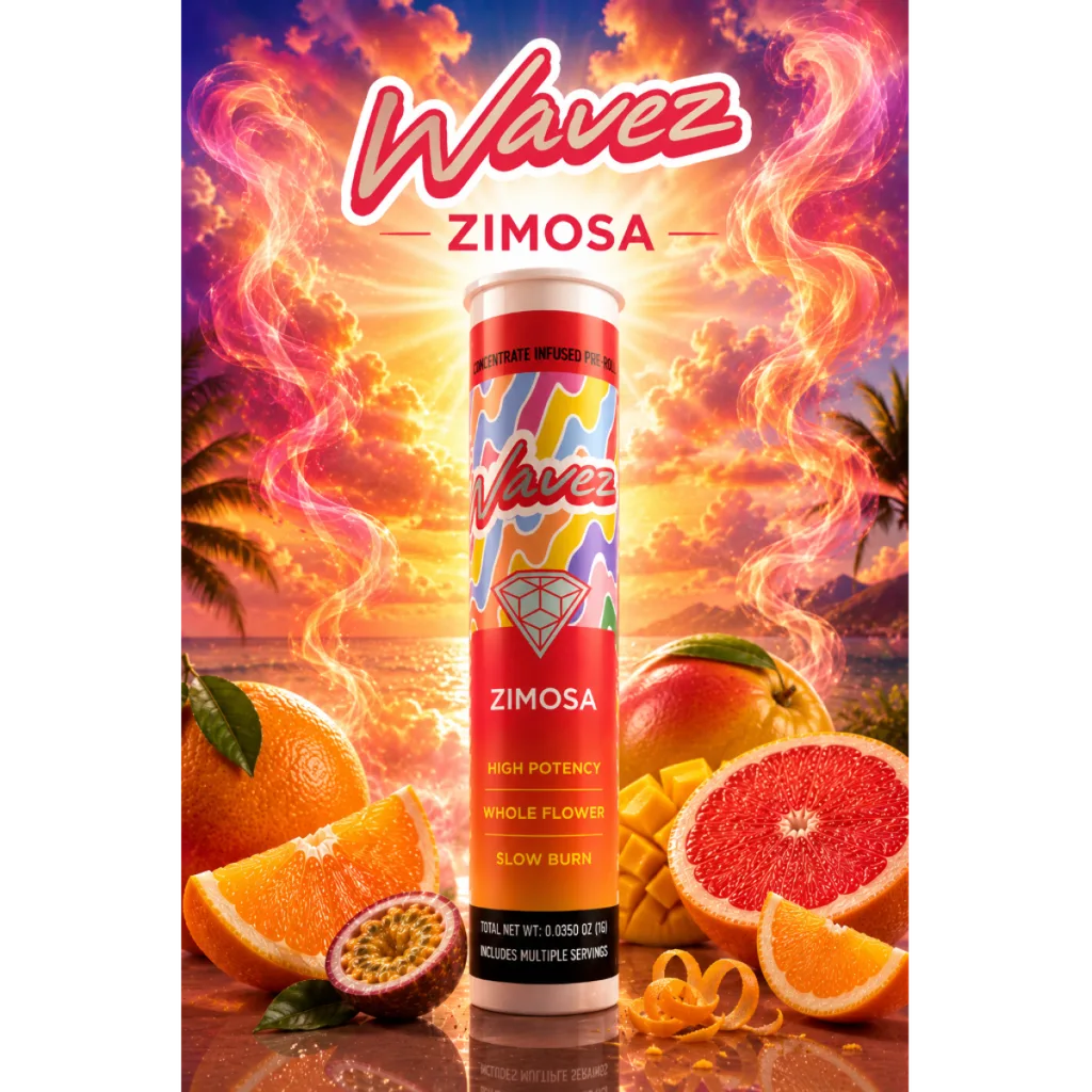 White WAVEZ tube labeled Zimosa, high potency, whole flower, slow burn, over a sunset with citrus and mango.